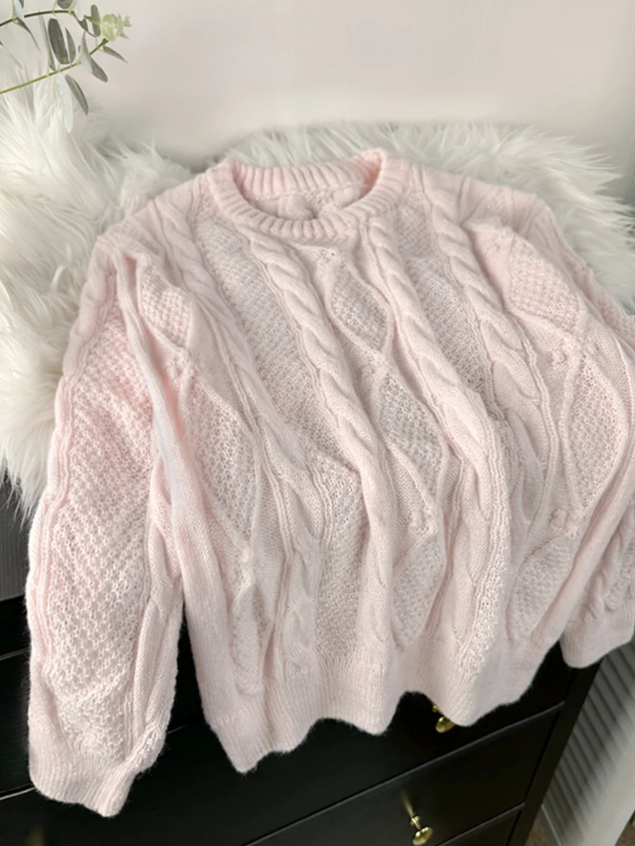 Pull en tricot doux de style paresseux rose pour femmes, pull rétro, torsades de pâte frite, classique, polyvalent, haut de base élégant, automne, nouveau, 2024