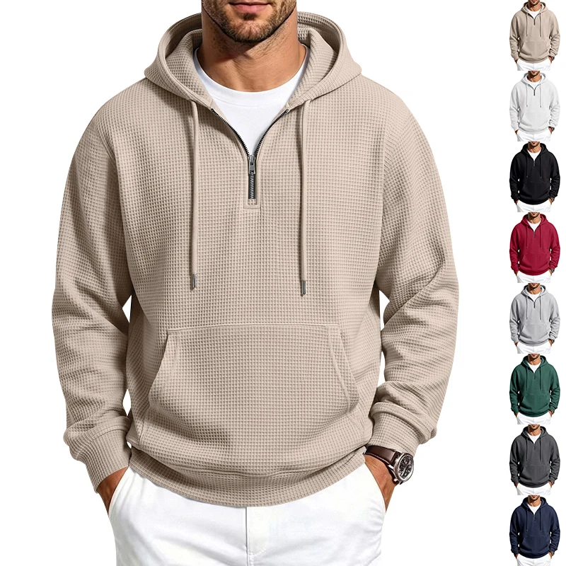 Herren Frühling und Herbst Einteiliger Waffel-Strick 1/4 Reißverschluss Lässiger Loser Kapuzenpullover, Geeignet für den Täglichen Gebrauch – Detail 1
