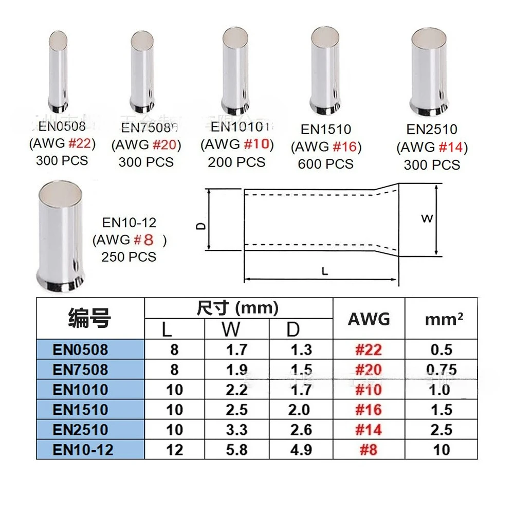 1950PCS Boxed Tinned Copper EN Wire Ferrules, Bare European Crimp Terminals, 0.5-10mm² for Electrical Wiring