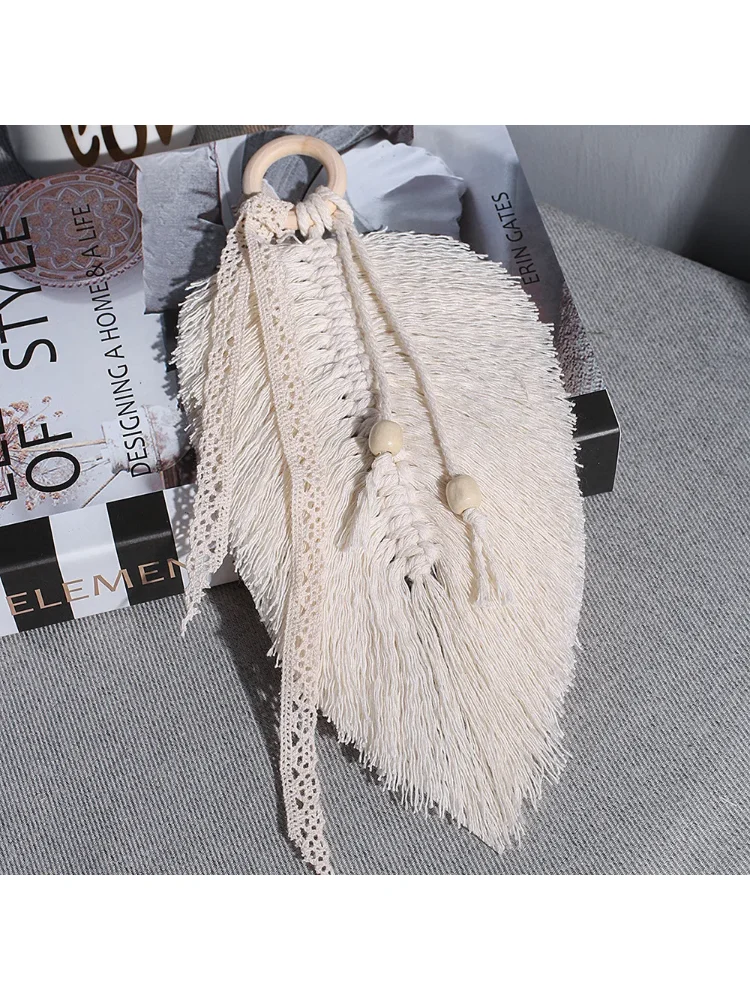Nordic Handcrafted Feather Leaf Tapestry for Living Room Guesthouse Fringed Cotton Rope Hanging Piece Leaf Decoration Bookmark