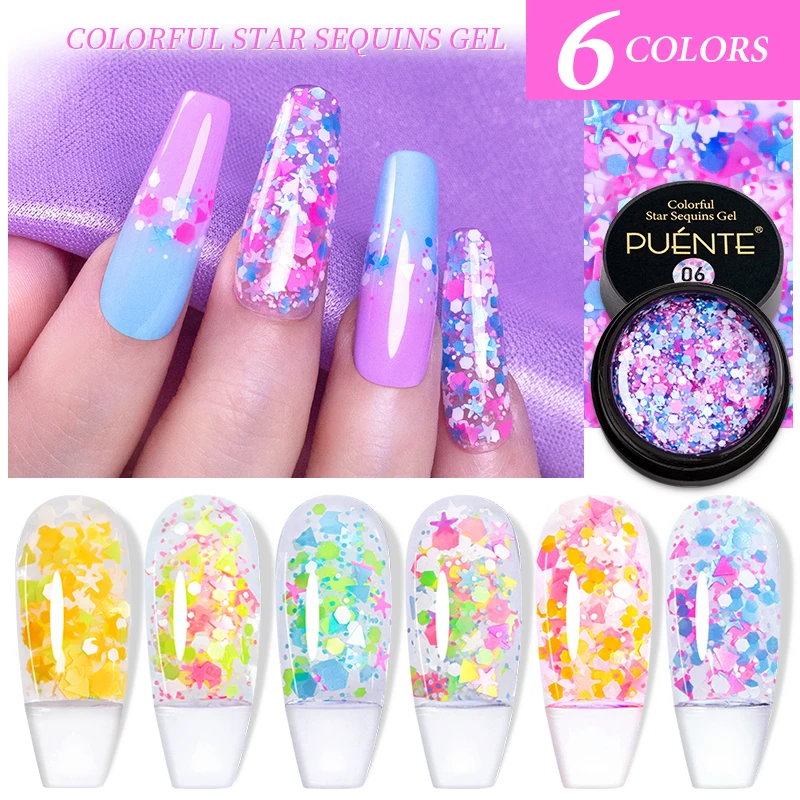 PUENTE Colorful Star Sequins Gel Nail Polish 5ML Semi Permanent Varnish Hybrid Soak Off UV Nail Gel For Manicure