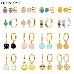 Pendientes de plata de ley 925 con cara sonriente esmaltada, aretes colgantes dorados, hebilla para la oreja, joyería de moda para fiesta, regalo de cumpleaños para niña
