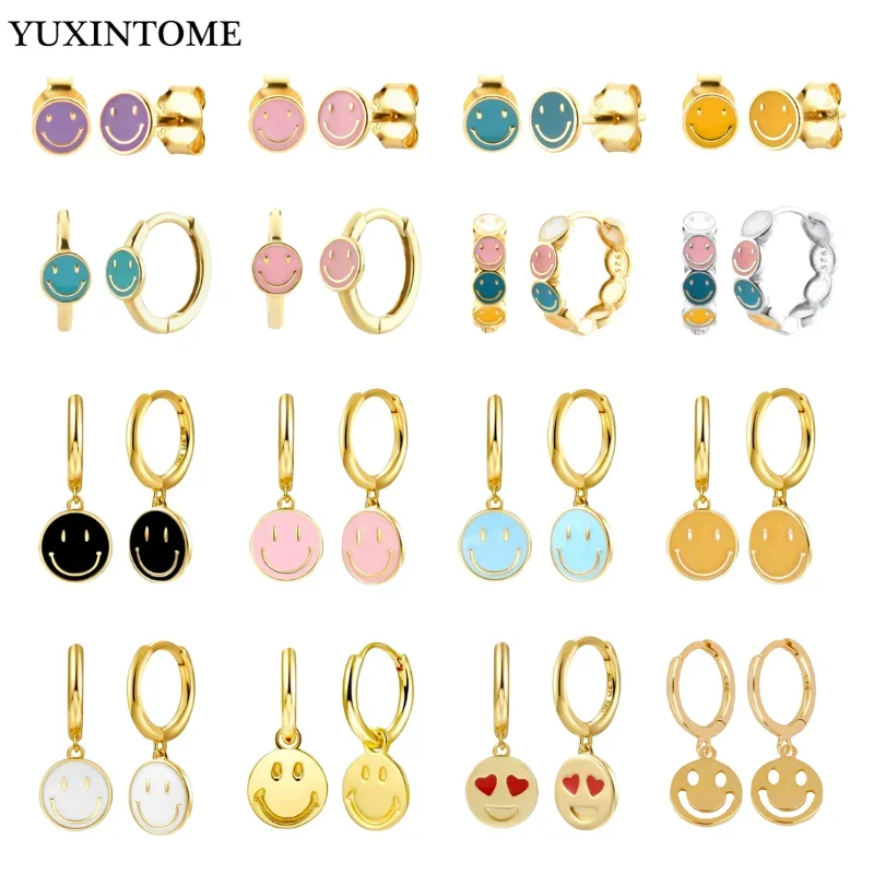 925 Sterling Silver Ear Needle Enamel Smile Face Gold Pendant Earrings Hoop Ear Buckle Party Fashion Jewelry Girl Birthday Gift