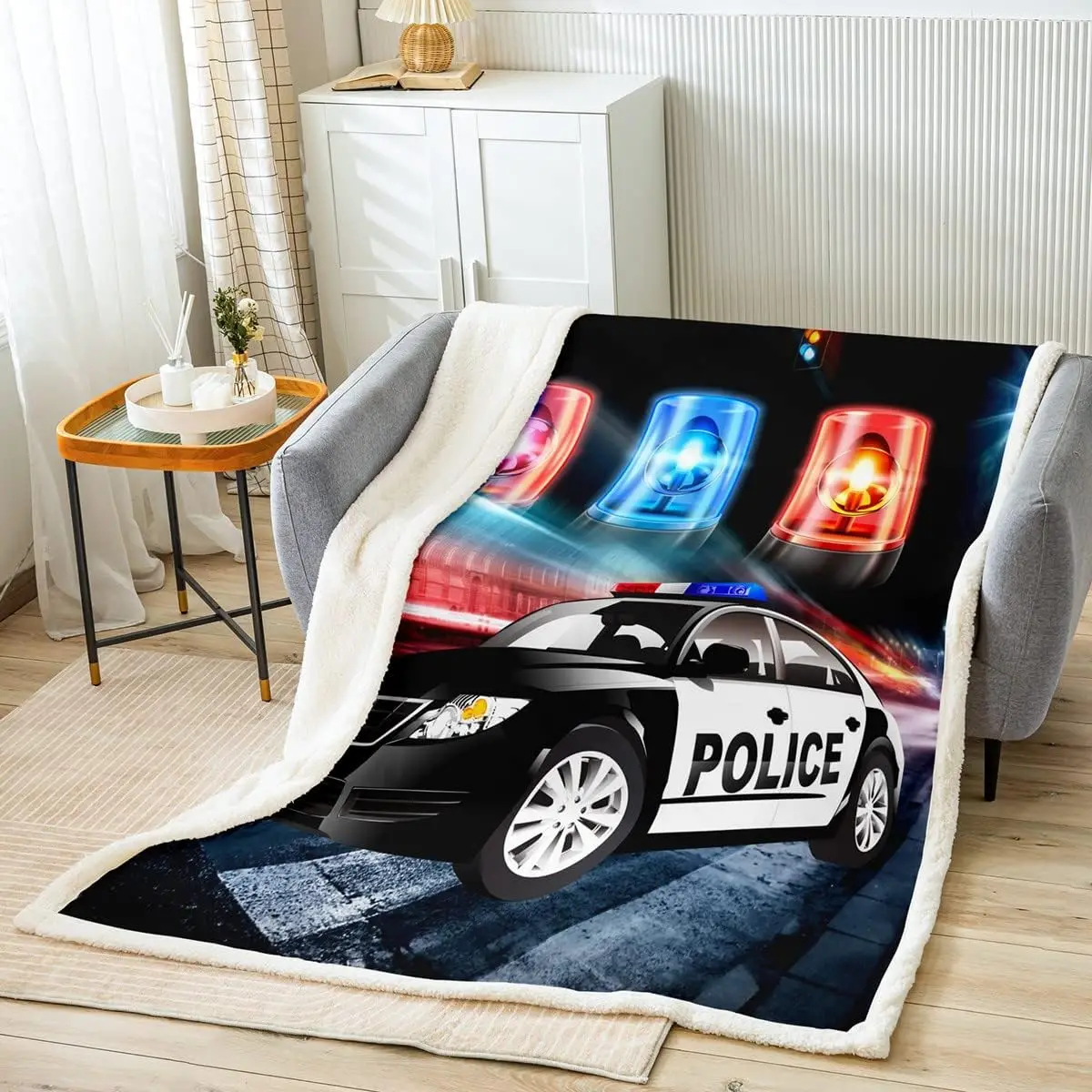 Kids Police Car Toddler Fleece Throw Blanket Policeman Boys Sherpa Blanket for Adults Girls Black The Polica Vehicle