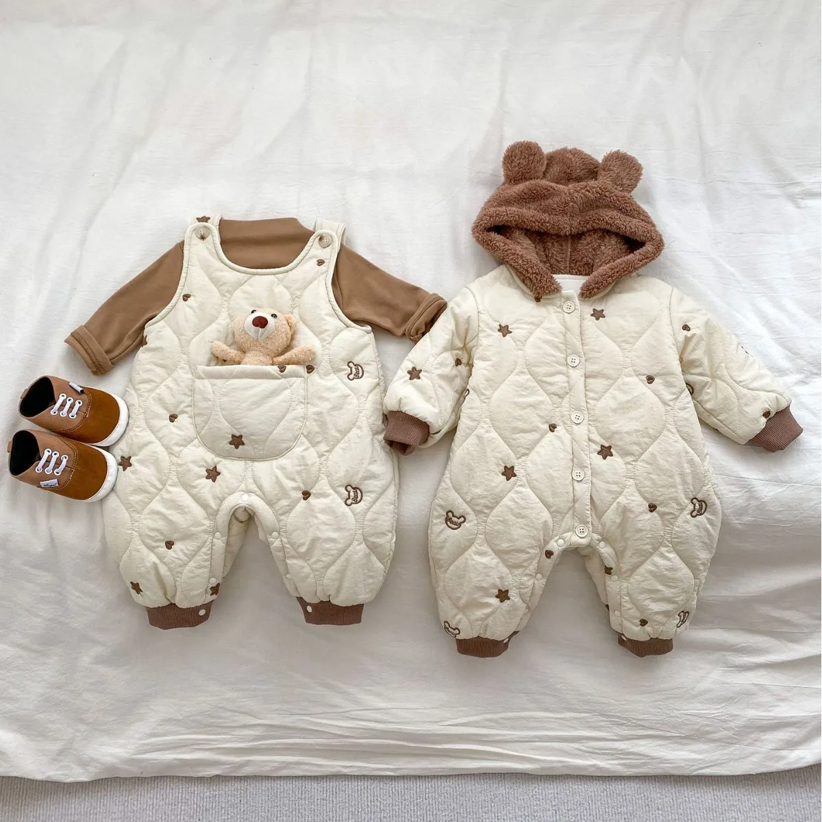 2025 Autumn Winter Thicken Cartoon Girl Baby Five-pointed Star Sleeves Romper Children Hooded Embroidery Rompers