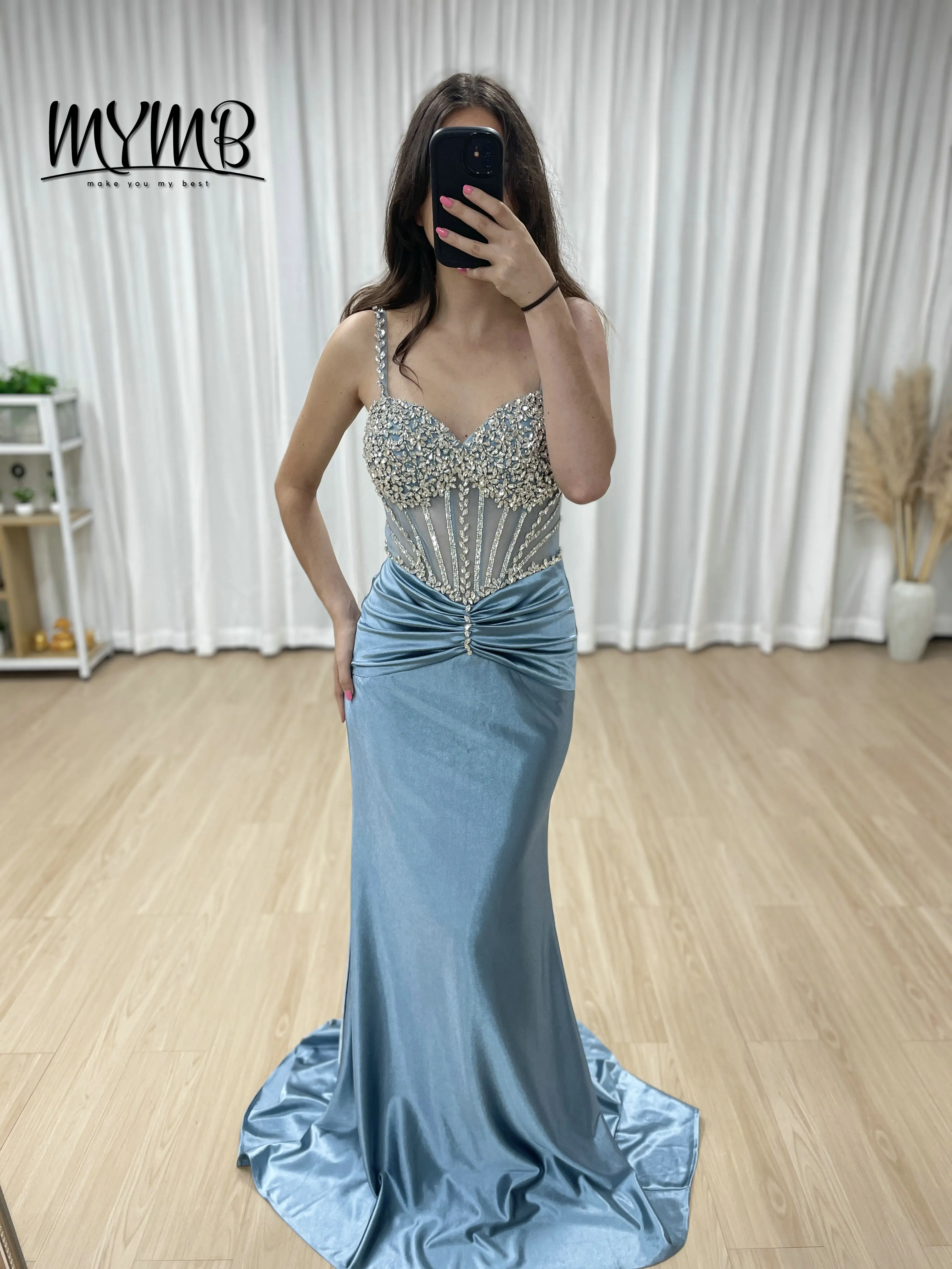 

MYMB Embellished With Intricate Exquisite Stunning Hand Beaded Crystal Diamond Sexy Spaghetti Strap Mermaid Evening Gown MB40423