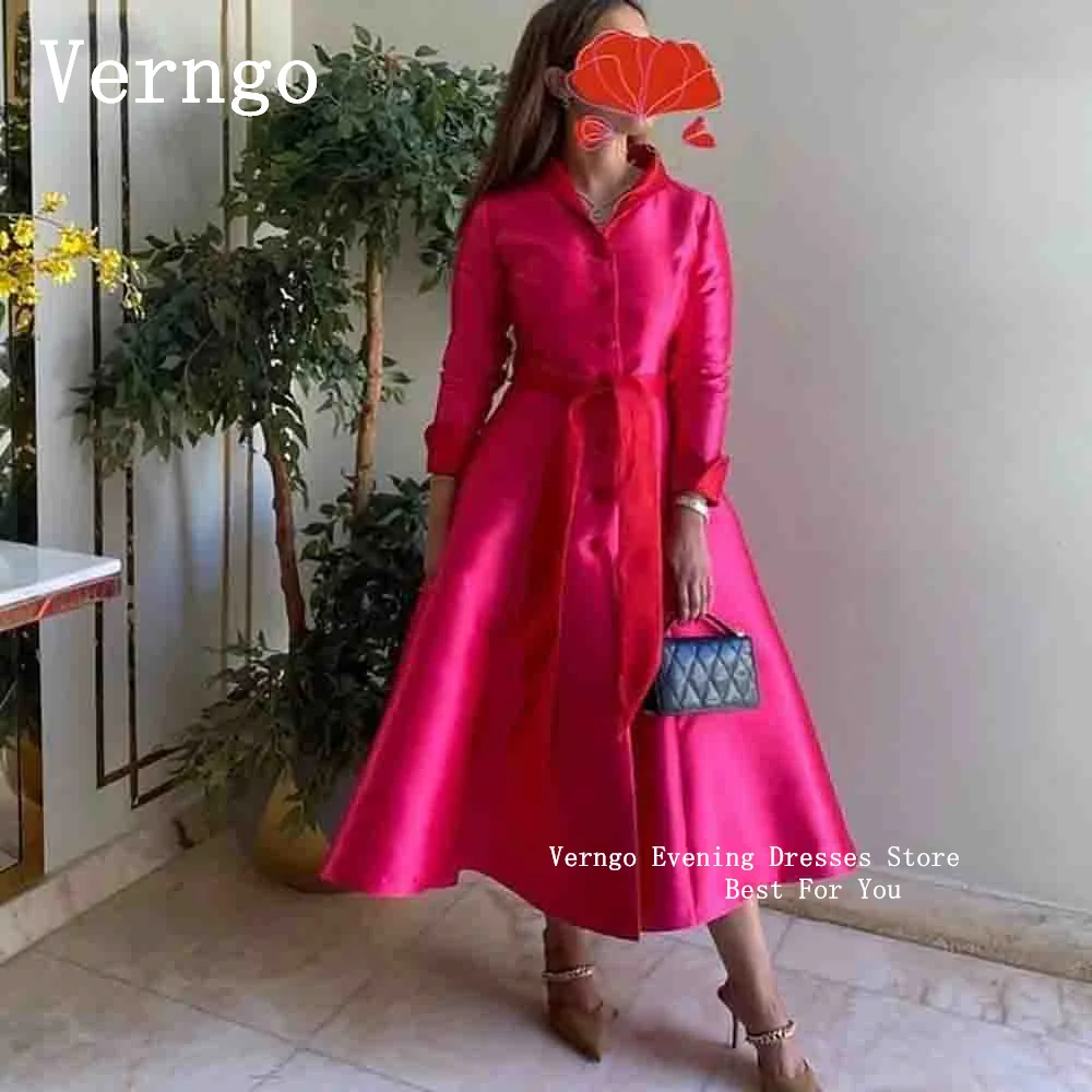 

Verngo Pink Satin Prom Dresses Vintage Long Sleeves Fuchsia Evening Dress Women Formal Party Gowns Saudi Arabic Outfit