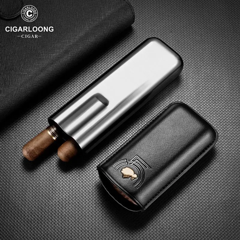 Portable Stainless Steel Cigar Case Travel Cigar 2 Tube Anti-pressure Luxury Cow Leather Humidor Moisturizing Cigar Accessories