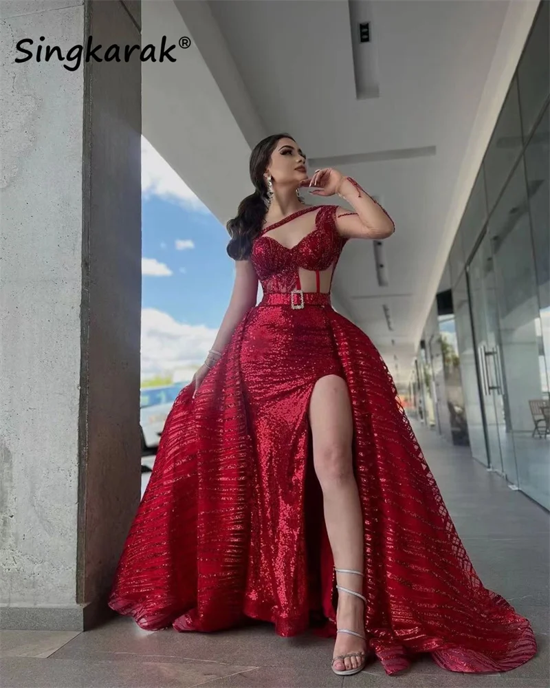 Sparkle Red Evening Dresses Detachable Train Sheer Sleeve Beading Crystal Sequins Gown Mexican Mermaid Prom Party Wear Customize