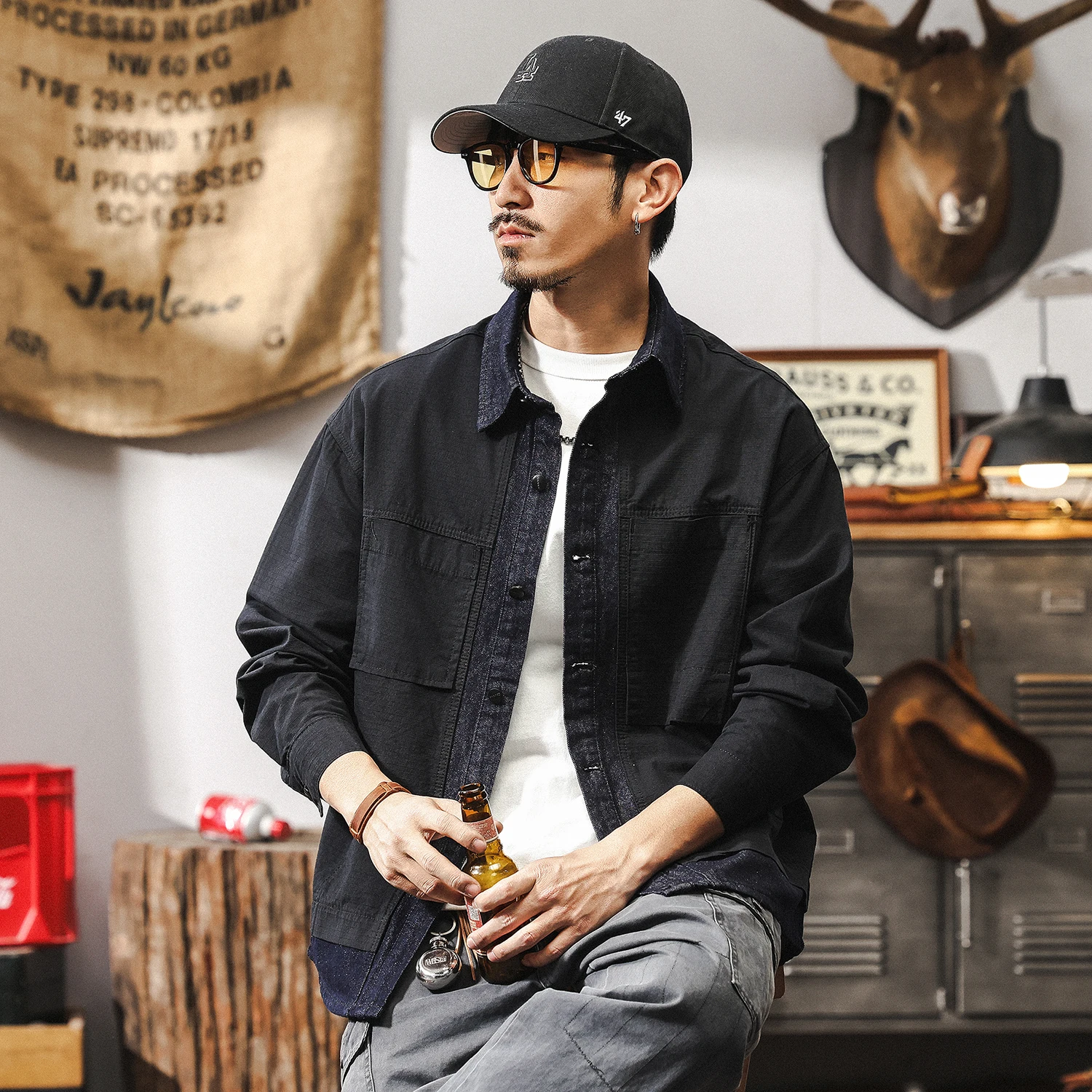 Men's autumn new retro trendy brand denim jacket, loose work shirt jacket
