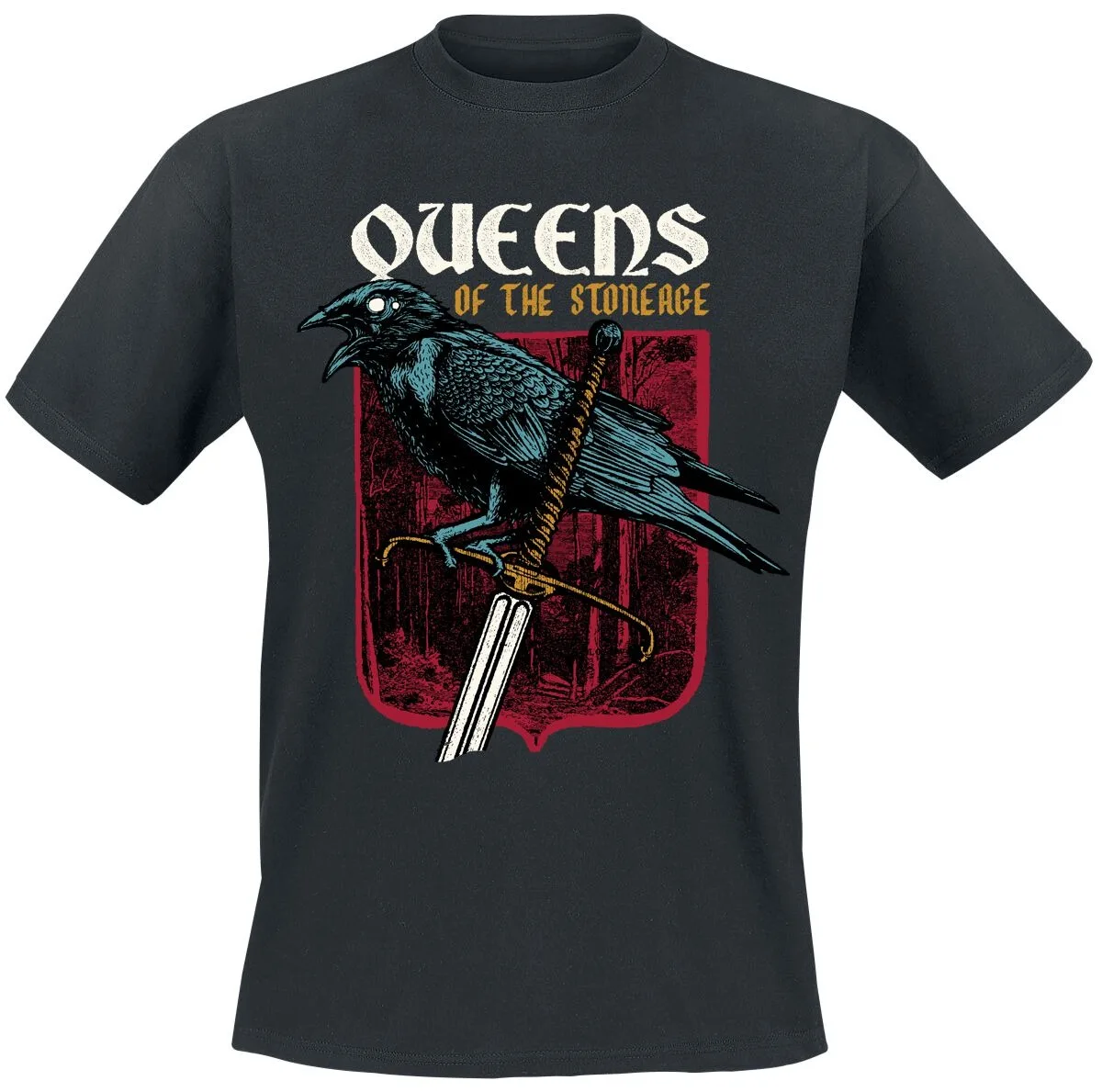 Camiseta Queens of The Stone Age Raven & Sword, camiseta Alt Rock com estampa heráldica e logotipo da banda, merchandising para fãs da banda