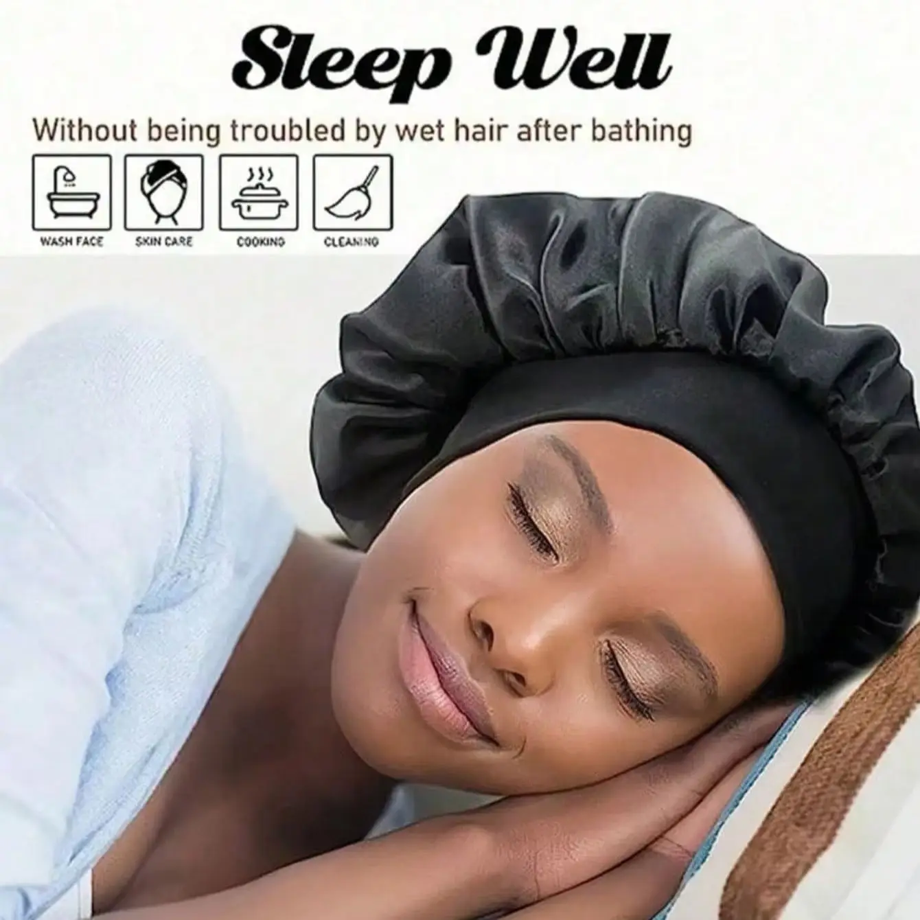Satin Silk Nightcap Set, Elastic Band Sleep Hair Cap, Soft Curly Hair Night Cap, for Skincare, Face Washing & Sleeping at Home