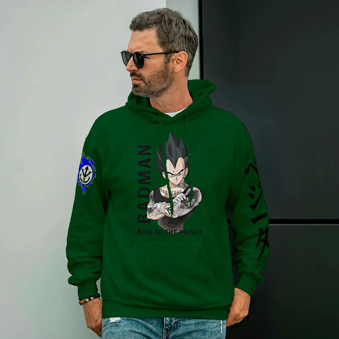 Sudadera con capucha verde de Dragon Ball con estampado de personajes Vegeta, diseño de tatuaje de brazo con pose de batalla de pelo negro con puntas para adultos y niños