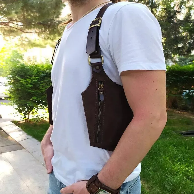 Retro Leather Strap Armpit Shoulder Bag Men's Outdoor Mobile Phone Bag Adjustable Zipper Small Bag Wallet