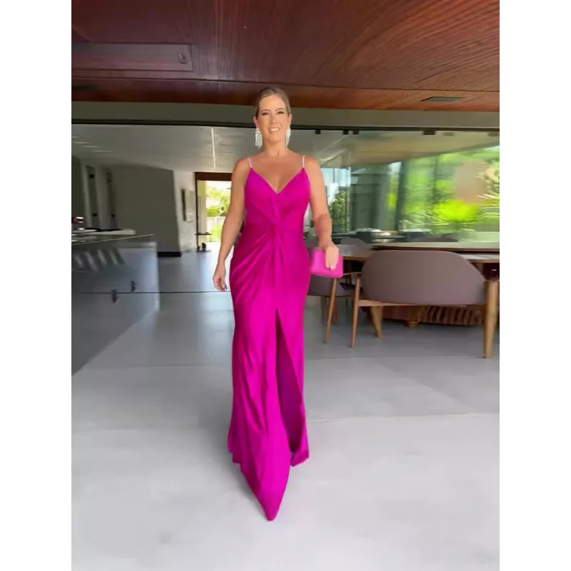 

Summer New European and American Style2025New Women's Solid Color Collar Pleated Waist Tight Slim Strap Evening Dress