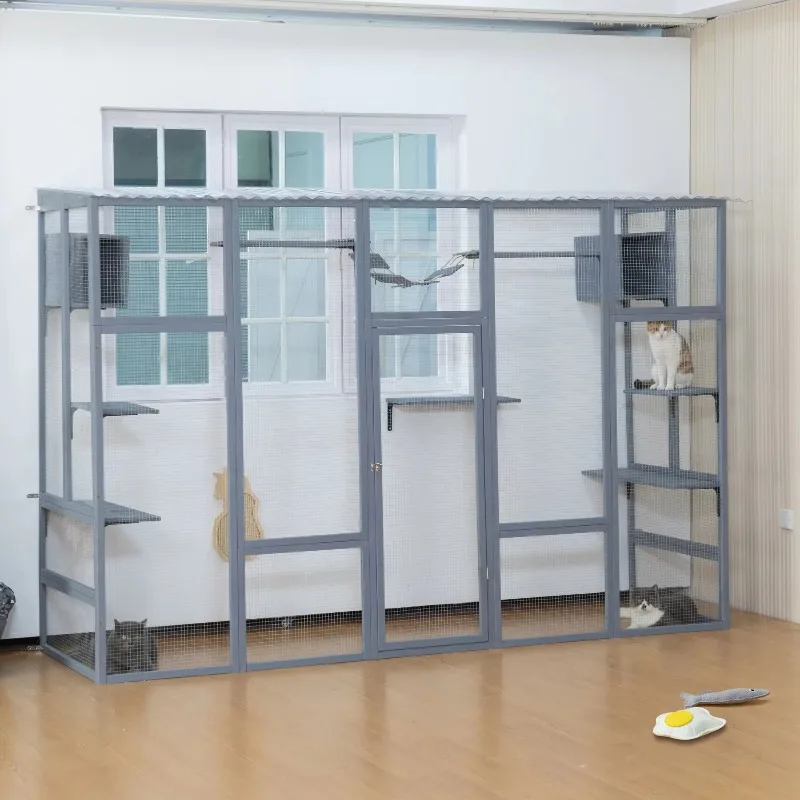 

Gray Wooden Enclosure with 6 Jumping Platforms 2 Condos Scratching Board Bridge Carousels