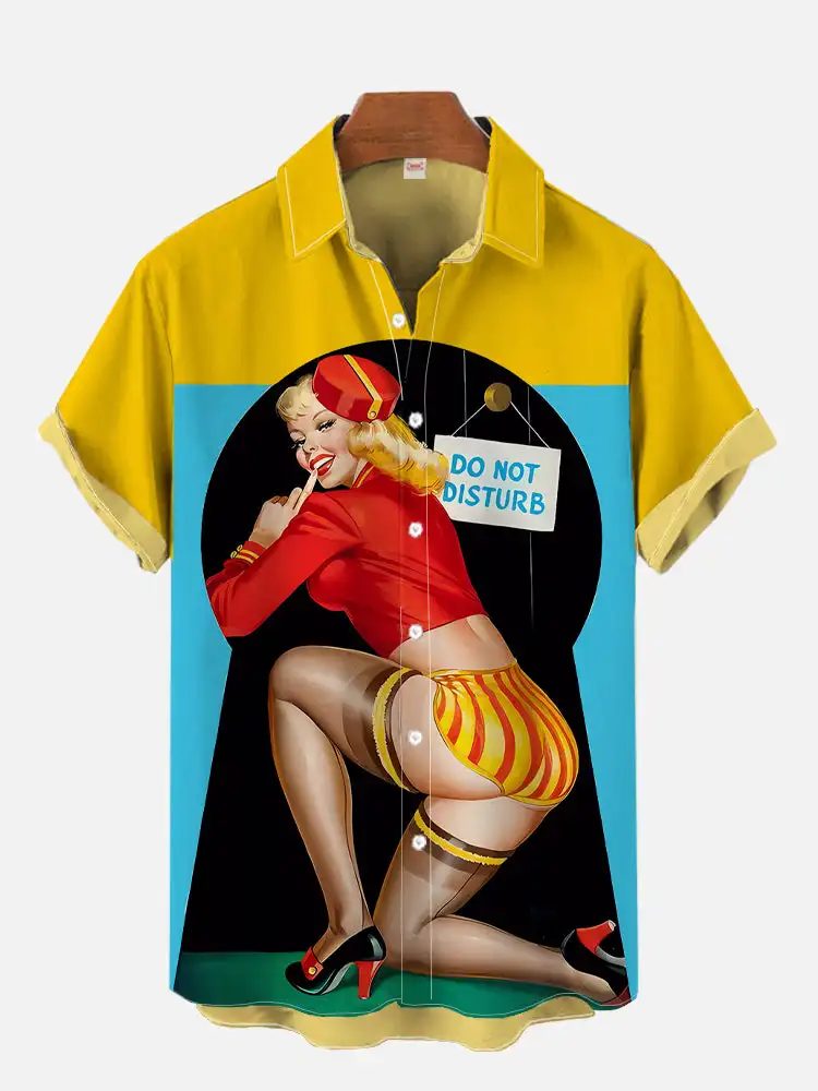 1980s Vintage Pin Up Girl Poster Sexy Girls Blonde Beauty 3D Prints Men\'s Short Sleeved Shirts For Men Fashion Hawaiian Shirt