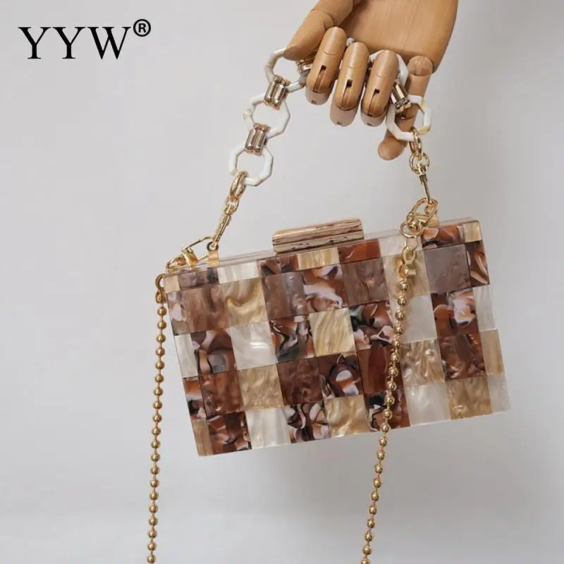 New Trendy Bags Fashion Women Handbag Brown Striped Geometric Acrylic Luxury Wedding Party Evening Bag Woman Box Clutch Purse