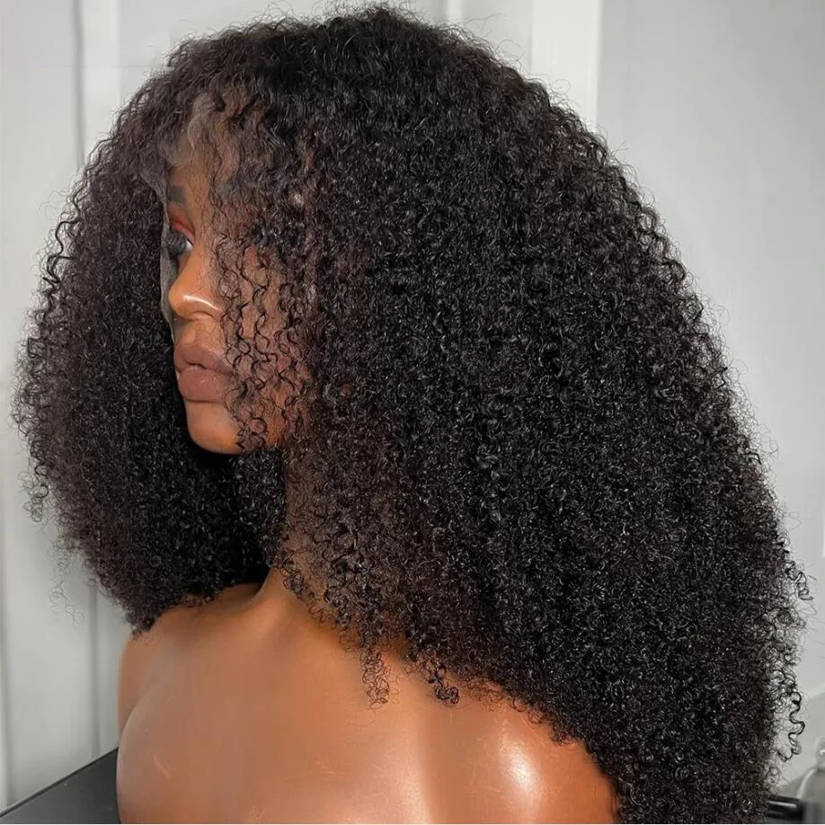 Long Glueless Kinky Curly Lace Front Wig para mulheres, preto natural, cabelo de bebê, pré-arrancado, resistente ao calor, macio, 180 Densidade, 26"