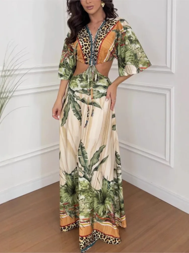 

Elegant Lace-up Bohemian Outifts Dress Set Women Fashion Print High Waist Party 2Pc Sets Sexy Deep V-neck Blouse Long Skirt Suit