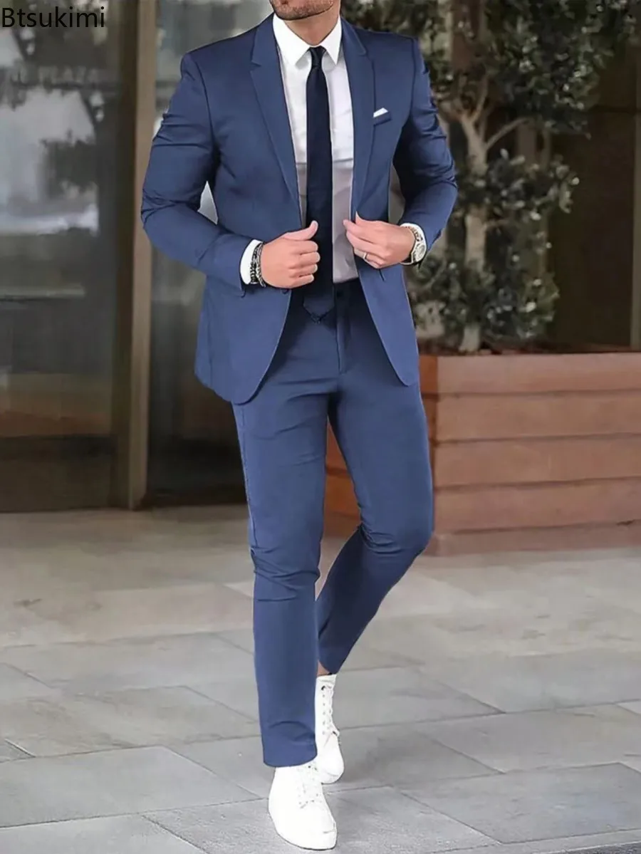 High Quality Men's Suit Sets Fashion Party Wedding Groom Outfits Solid Color Slim Elegant Two Piece Sets Blazer Jacket and Pants