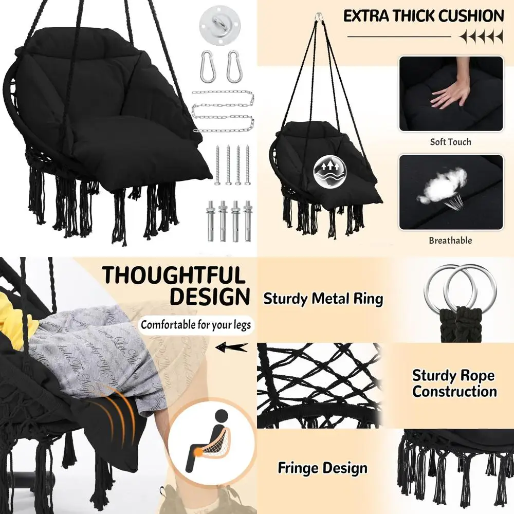 Oversized Cushioned Hammock Swing Chair, Ideal for Bedrooms, Porches, Kids, Adults, Balconies, Black