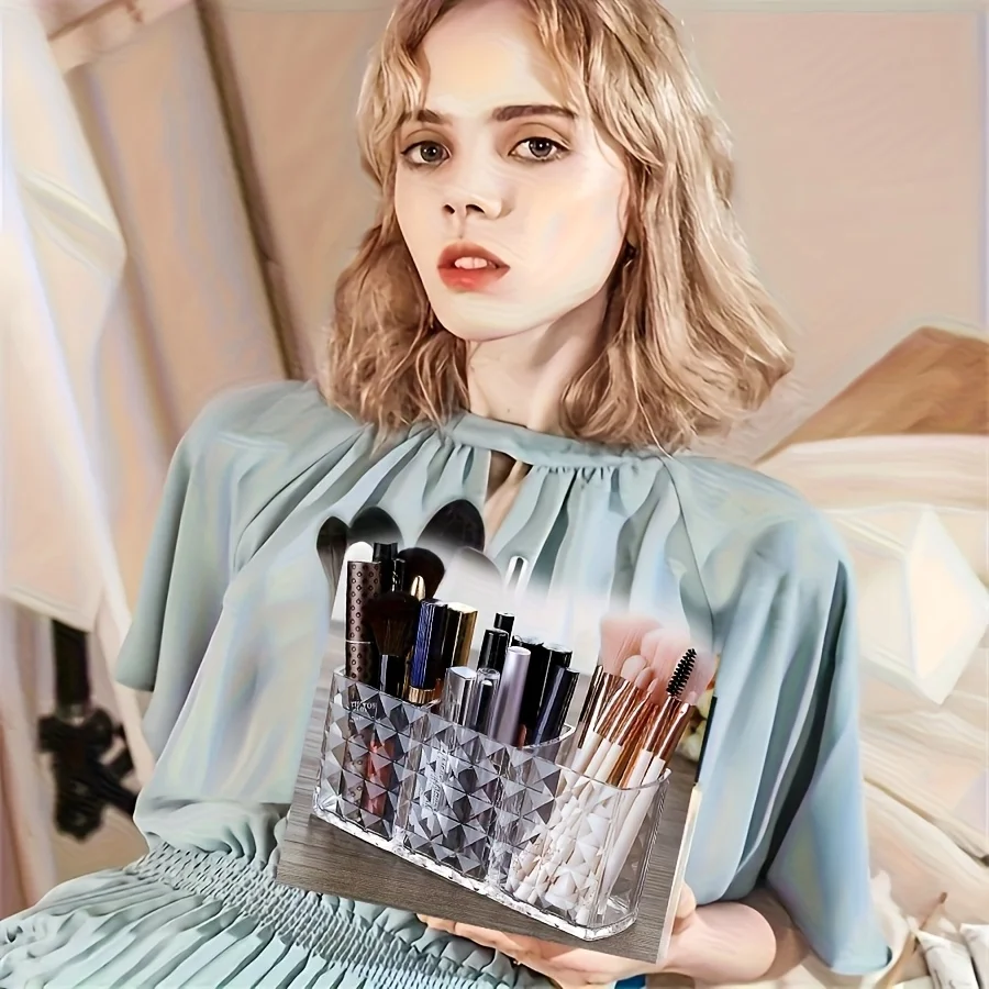 3-Piece High-Value Beauty Storage Set, Diamond Three-Compartment Transparent Makeup Brush Holder + 2 Cloud-Shaped Storage Trays, Multifunctional Cosmetic Storage Box, Waterproof Bathroom Accessories, Suitable for Organizing Lipstick, Makeup Brushes, Perfume, Jewelry, and Skincare Products on Vanity Tops, in Bedrooms, and Bathrooms view 3