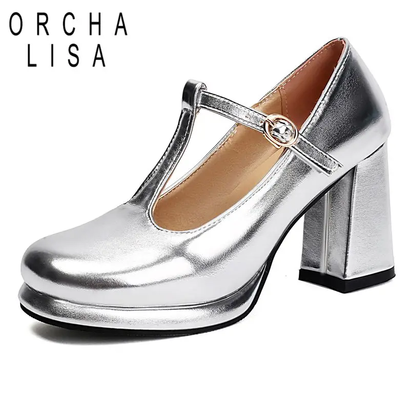 

ORCHA LISA Luxury Shiny Female Pumps Round Toe Block Heels 8cm Buckle T-strap 32 33 42 43 Fashion Party Dating Shoes for Women