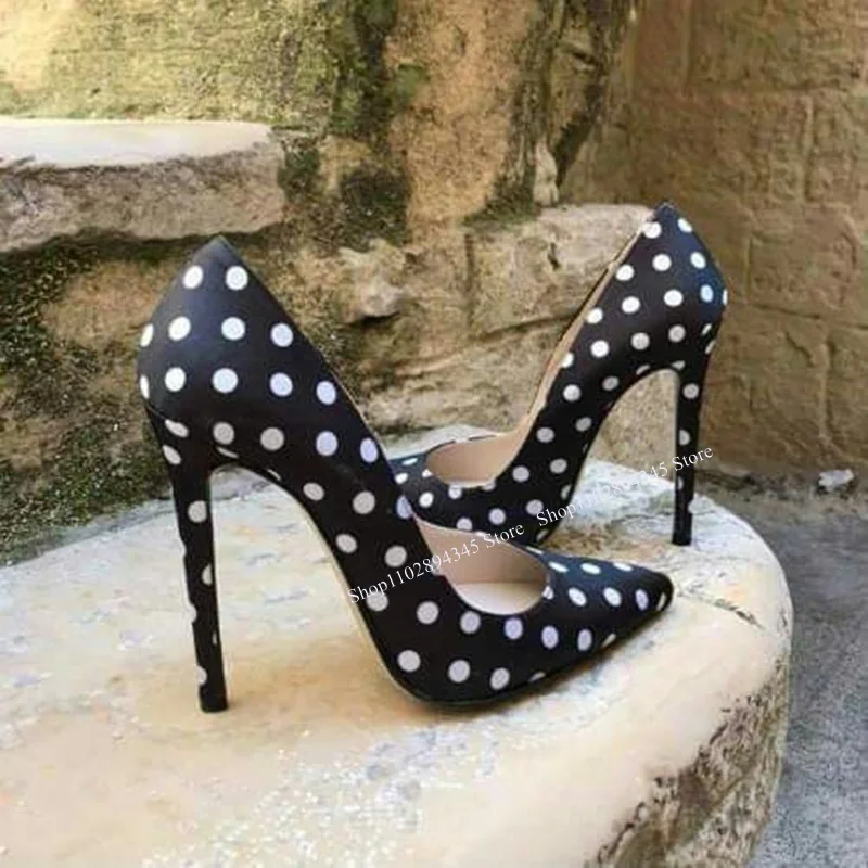 

Black Polka Dot Pattern Slip On Pumps Pointed Toe Thin High Heel Fashion Sexy 2024 Summer Big Size Woman Shoes Zapatillas Mujer