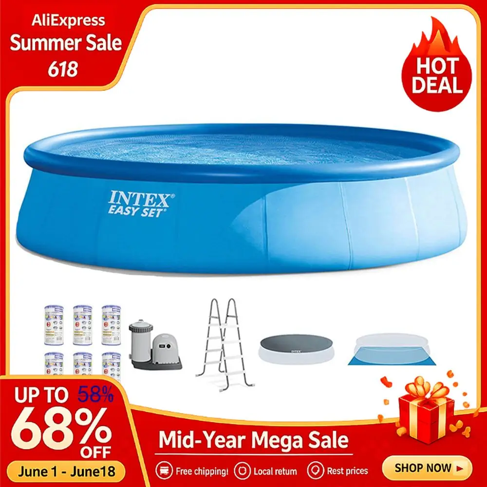 

Easy Set 18 x 48 Round Inflatable Above Ground Swimming Pool Set with Filter Pump, Ladder, Pool Cover, and Filter Cartrid Custom