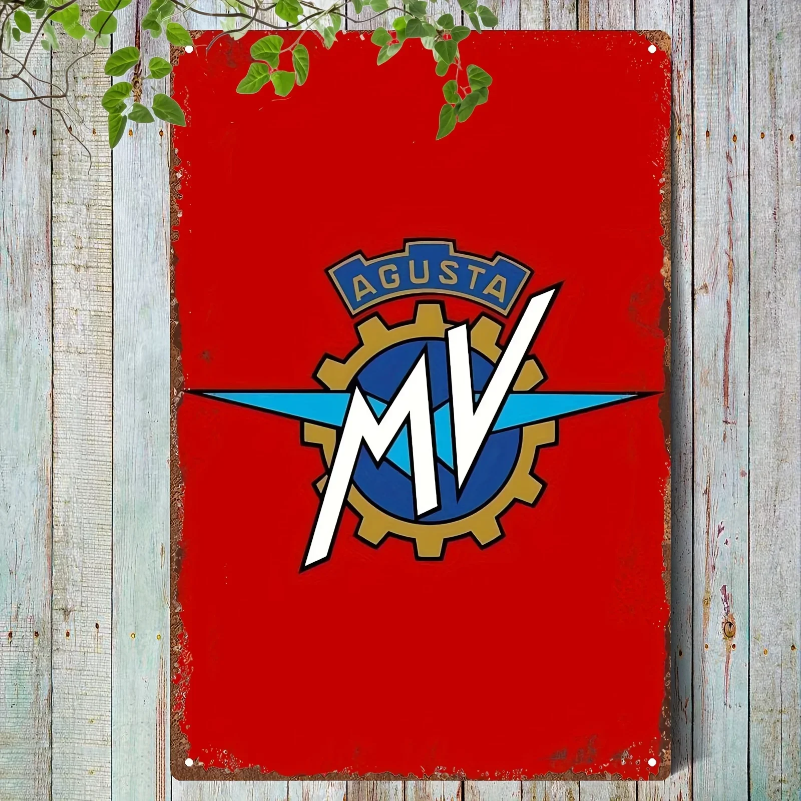 2D Flach, 1 Retro Metallschild Plakette |   Ein Vintage MV Agusta Logo Blechschild mit Distressed-Optik, Geeignet für die Garage
