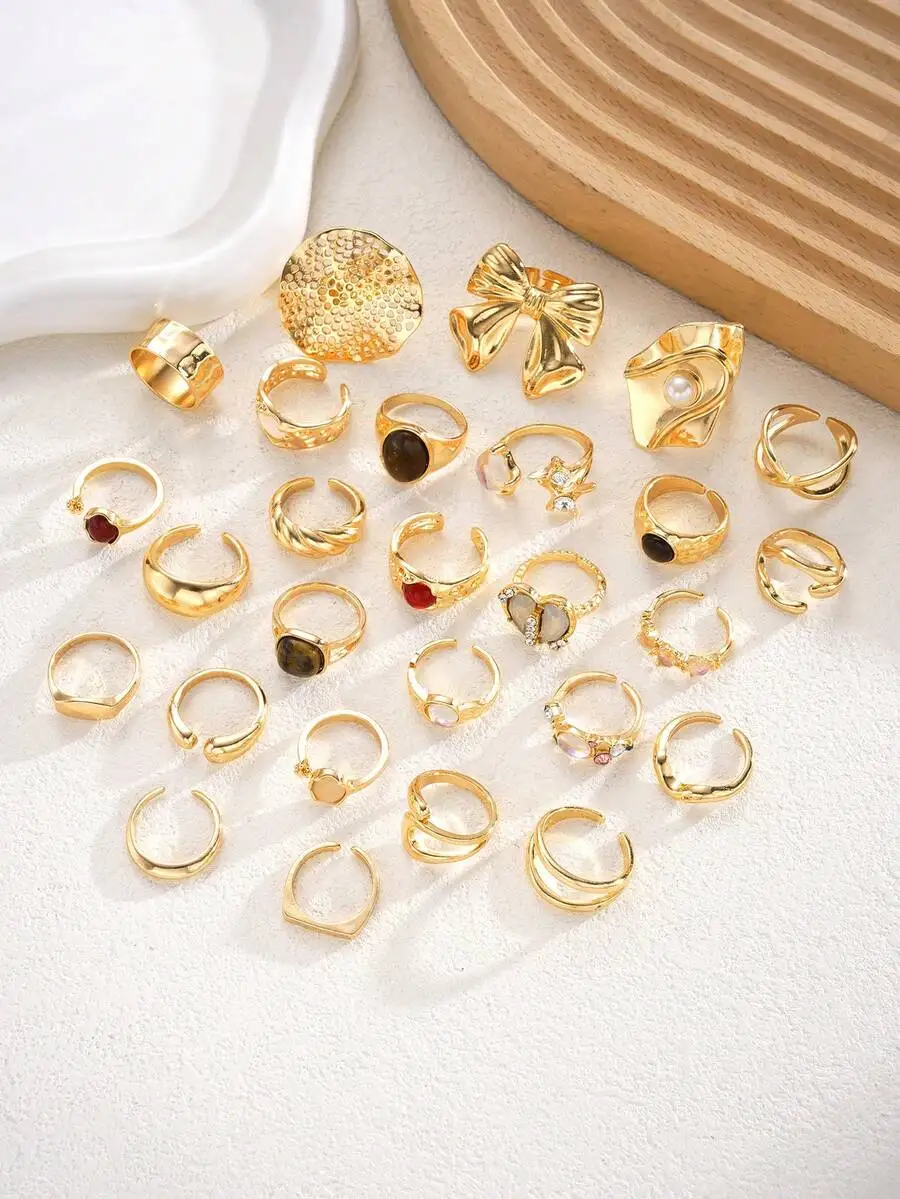 

15pcs Vintage Punk Geometric Heart Tiger Eye Faux Pearl Split Rings Set For Women Daily Party Street Wear