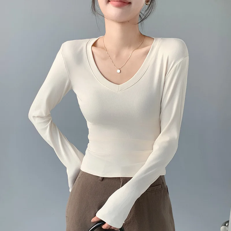 Essential V-Ausschnitt Damen Slim Fit Top Einfarbig Langarm Unterziehshirt Dehnbar Gemütlich Vielseitig Herbst Winter T-Shirt – Detail 8