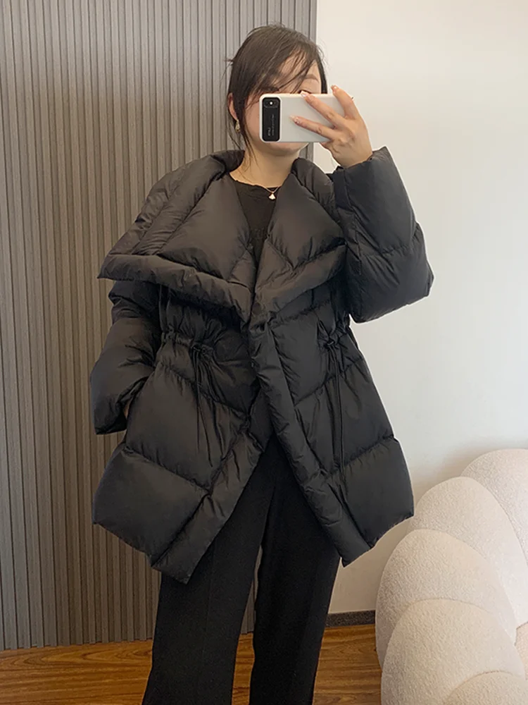 2023 New Winter Large lapel Collar Elegant Parka White Duck Down Coats Drawstring Loose Office Lady Fashion Jacket