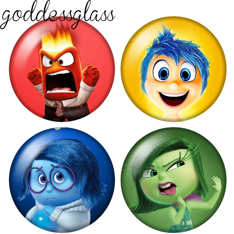 Inside Out Joy Sadness Anger Fear Cartoon 12mm/18mm/20mm Fotoglas-Cabochon mit flacher Rückseite zur Herstellung von Schlüsselanhänger-Schmuck