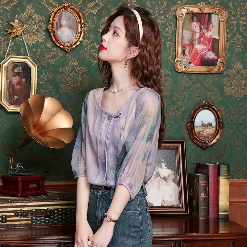 Chemise d'été de Style chinois pour femmes, haut Slim violet et beau tempérament, rajeunissant, nouvelle collection