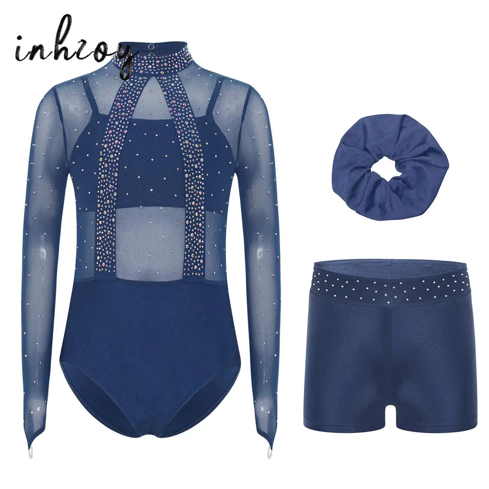 

Kids Girls Gymnastics Dance Outfit Shiny Rhinestone Sheer Mesh Bodice Leotard with Spaghetti Straps Camisole Shorts and Hairband