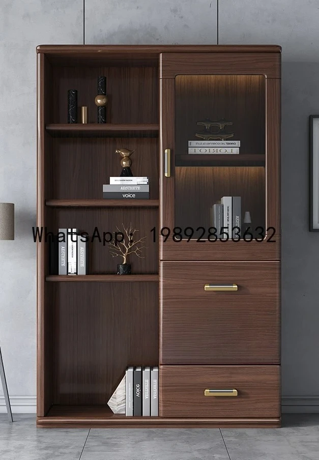 

P5/15 solid wood bookcase free combination simple glass door bookcase modern with assembled storage walnut bookcase