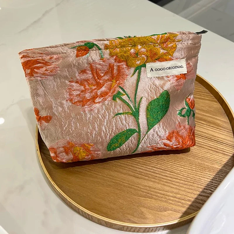 Large Travel Makeup Bag Skincare Bag Toiletry Organizer Makeup Pouch Clutch Fashion Simple Floral Jacquard Cosmetic Bag