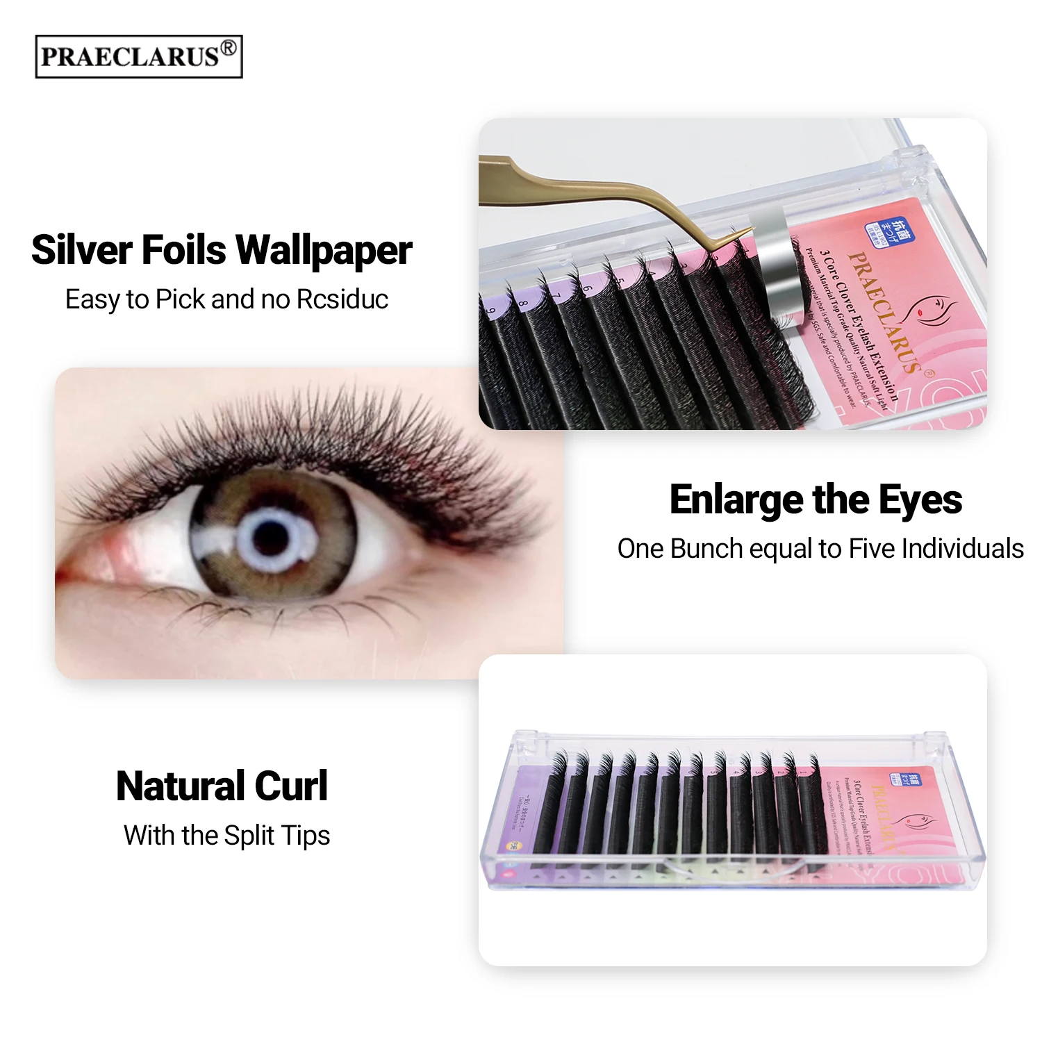 PRAECLARUS 5D Fairy Shape Lashes 12 Rows Eyelashes Premade Volume Fan Natural Soft Light Lashes Triple Tips Eyelashes