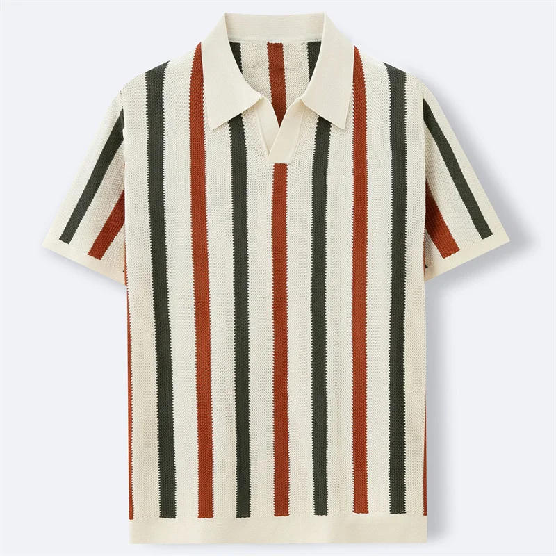 

Summer New Mens Personalized Design Casual Knit Graphic T-shirt Y2K Fashion Men Short Sleeve Striped T Shirts Man Tops Techwear