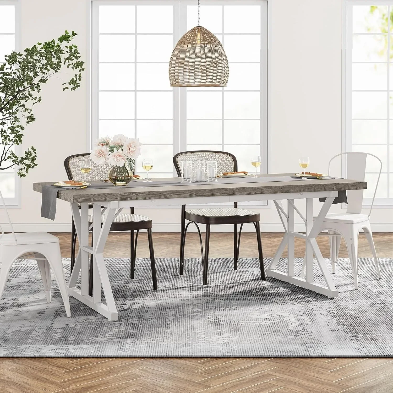 

Farmhouse Dining Table for 6 People, 70.8-Inch Rectangular Wood Dining Table, Rustic Kitchen Table with Heavy Duty Metal Legs