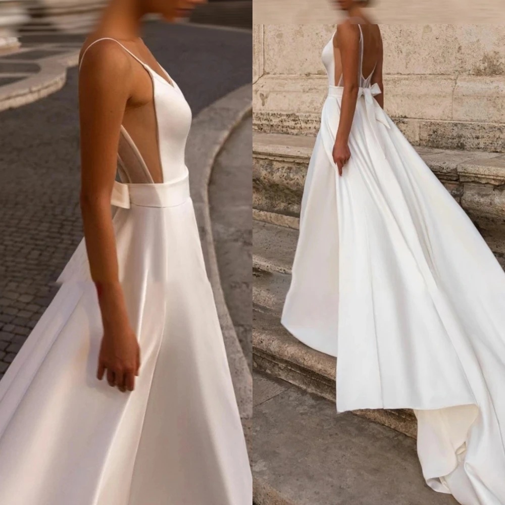 

Customized White Satin Formal Wedding Dress Backless Sexy V-neck High Quality Bridal Party Exquisite Belt Delicate Bridal Gowns