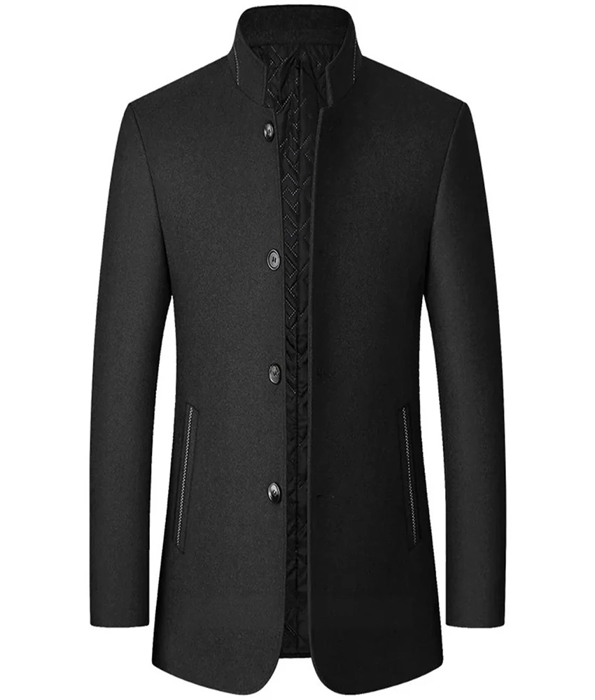 

Мужское зимнее пальто средней длины с воротником-стойкой, стеганой подкладкой и однобортной застежкой, для делового повседневного стиля.