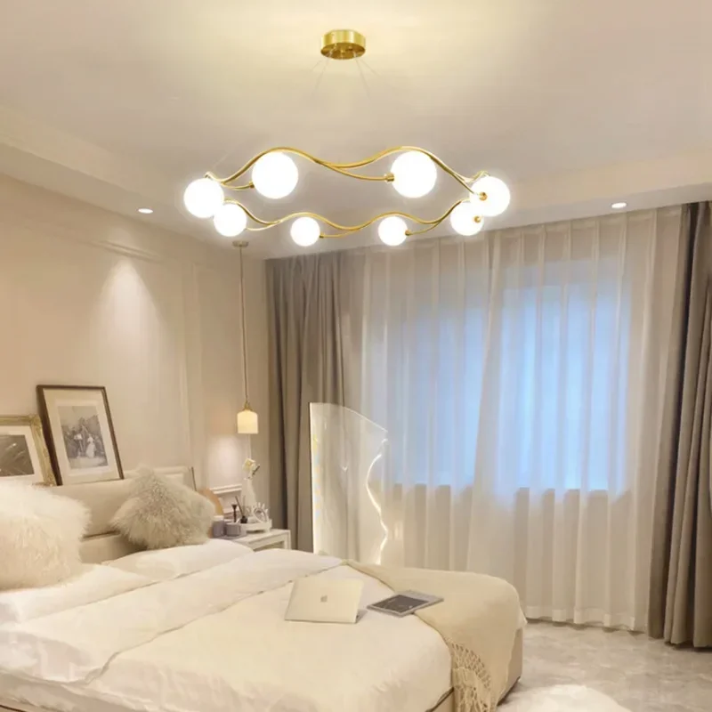 Luxury Post-modern Pendant Light Simple Glass Balls Chandelier Indoor Gold Ring Decor Fixture for Living Room Bedroom