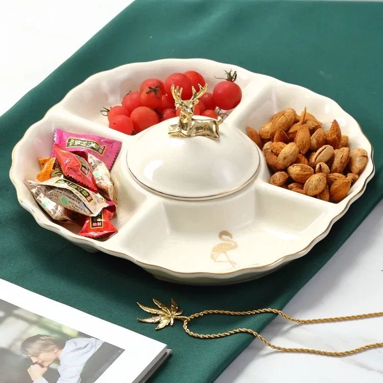 Creative High-end Luxury Ceramics 4 Grid Dried Fruit Snacks Fruit Plate with Lid Hotel Family Candy Storage Box Decoration