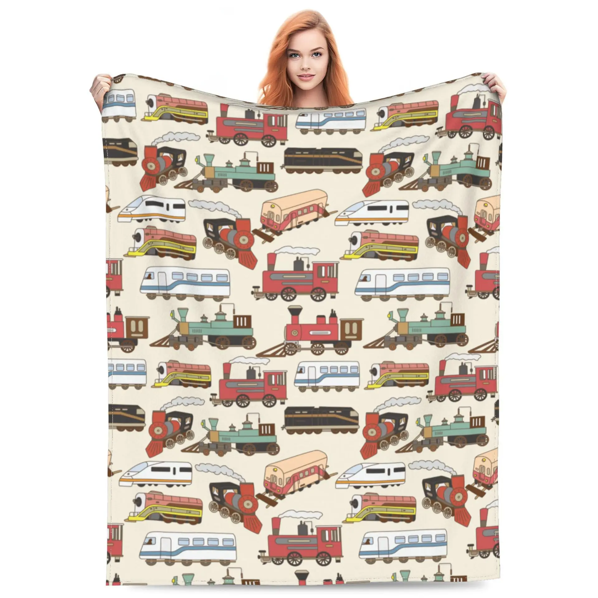 Steam Train Blanket Vintage Railway Locomotive Throw Couch Cover Cartoon Vehicle Pattern Fleece Blankets Playroom Sofa Bedding