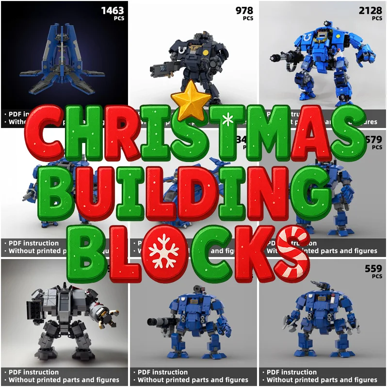 

Строительные блоки Blue Battle Mech — модель вооруженного робота, инструкция в формате PDF, креативный подарок своими руками