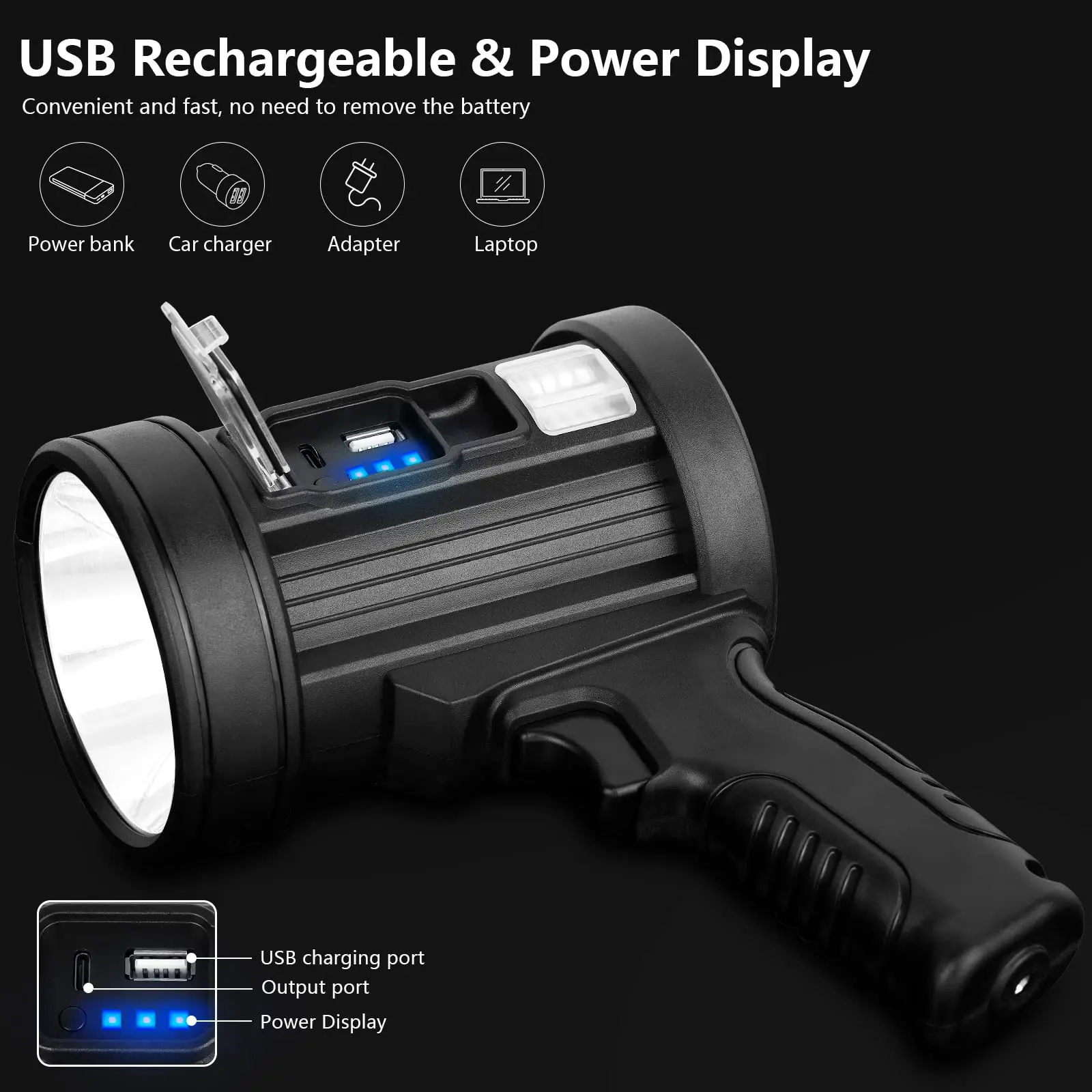 Rechargeable Spotlight, Handheld Led SpotLight with Cob Light and Solar Panel, Lightweight and Super Bright for Boating Camping