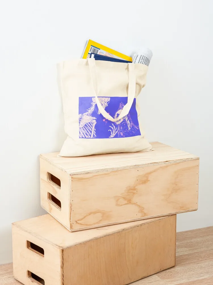 Bolsa de Lona Rosa e Roxa com Esqueleto e Gato - Bolsa de Compras Divertida e Estilosa